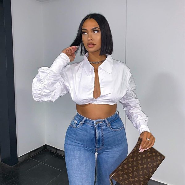 Women Sexy Topless Crop Puff Sleeve Short Personality Shirt