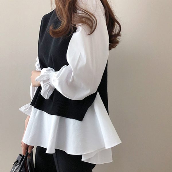 Two Piece Set Korean Autumn Winter Graceful Knitted Vest Long Sleeve Shirt Outfit