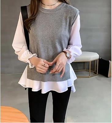 Two Piece Set Korean Autumn Winter Graceful Knitted Vest Long Sleeve Shirt Outfit