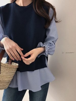 Two Piece Set Korean Autumn Winter Graceful Knitted Vest Long Sleeve Shirt Outfit