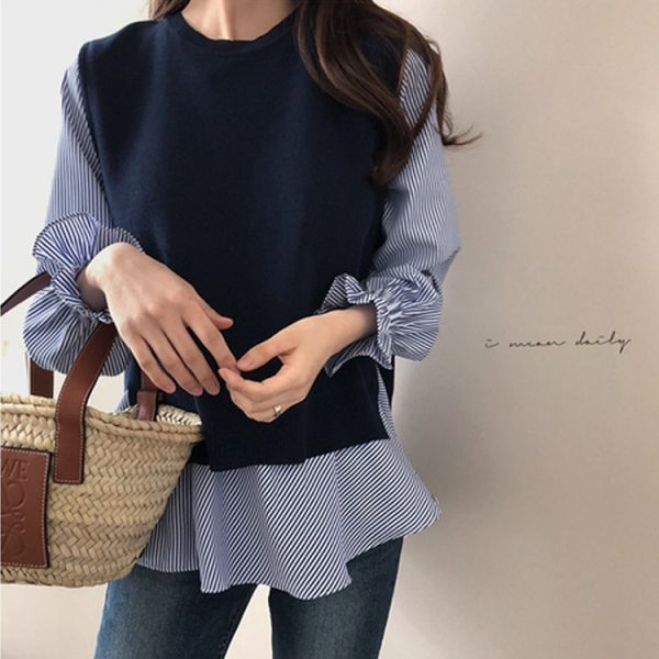 Two Piece Set Korean Autumn Winter Graceful Knitted Vest Long Sleeve Shirt Outfit