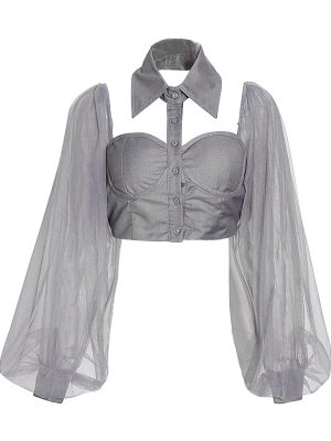 Niche Shirt Spring Summer Shoulder Baring Puff Sleeve Collared Halter Top for Women
