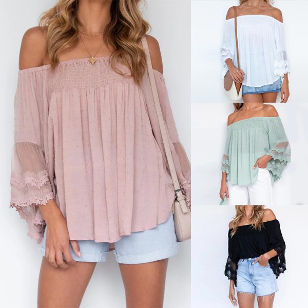 Spring Summer Sexy off-Shoulder Bell Sleeve off-Shoulder Sexy All-Matching Top