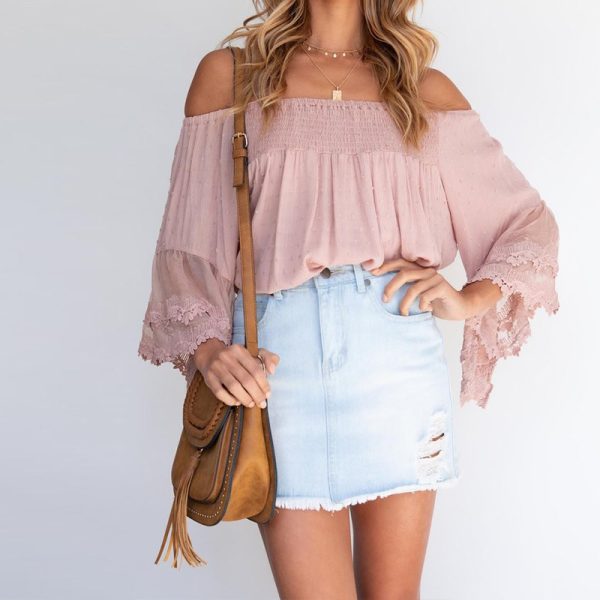 Spring Summer Sexy off-Shoulder Bell Sleeve off-Shoulder Sexy All-Matching Top