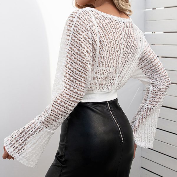 Spring Summer Short cropped SexyV-neck Hollow Out Cutout Lace Bell Bottom Long Sleeve Women
