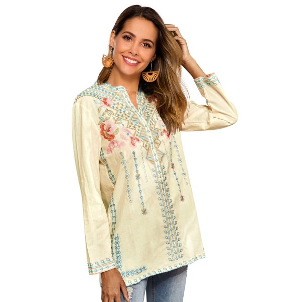 Spring Women Long-Sleeved Shirt Embroidered  Overseas Mid-Length Stand Collar Shirt