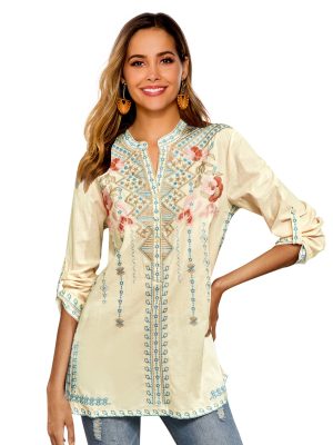 Spring Women Long-Sleeved Shirt Embroidered  Overseas Mid-Length Stand Collar Shirt