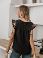 Women Casual Floral Embroidery Tshirt Ruffle Cap Sleeves Tank Blouses Tops
