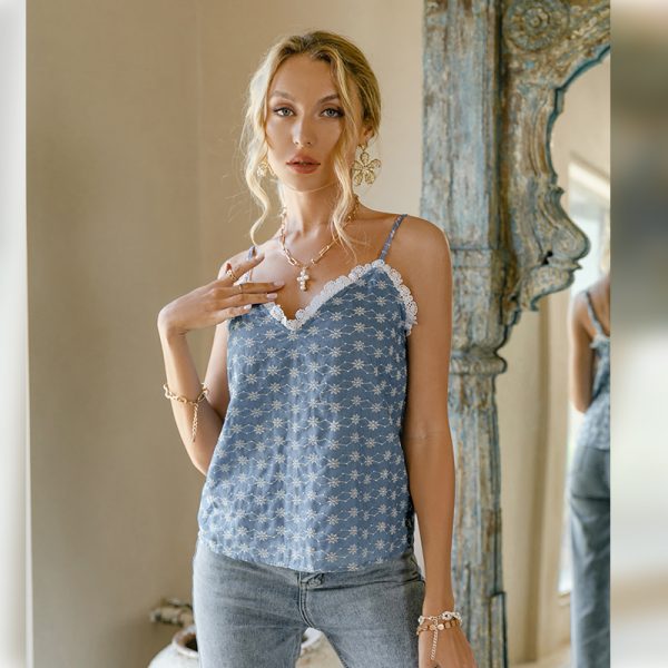 Office lady floral cotton tops for women V-neck women blue summer embroidered sleeveless short top
