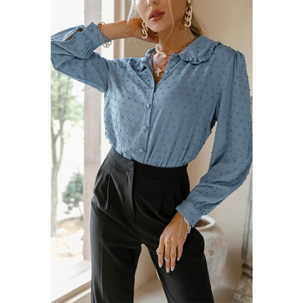 Office lady ruffle blouse shirt spring summer Solid button up long sleeve shirt Casual blue soft lady tops