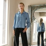 Office lady ruffle blouse shirt spring summer Solid button up long sleeve shirt Casual blue soft lady tops