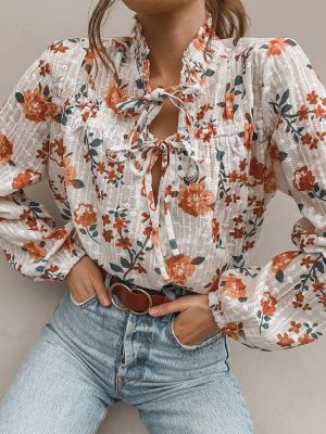 White Cotton Printed Long Sleeve V-neck Top Eyelet Embroidery