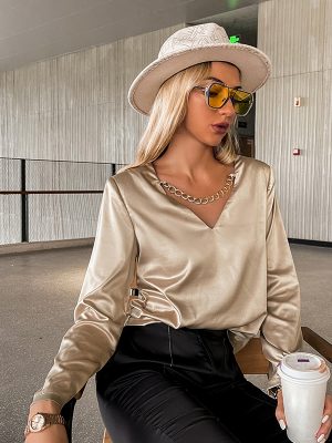 Sexy V-neck Gold Chain Women Satin Blouse High Street Lady Blouse Autumn Long Sleeves Solid Color Tops