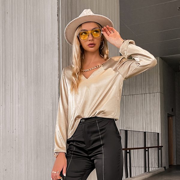 Sexy V-neck Gold Chain Women Satin Blouse High Street Lady Blouse Autumn Long Sleeves Solid Color Tops