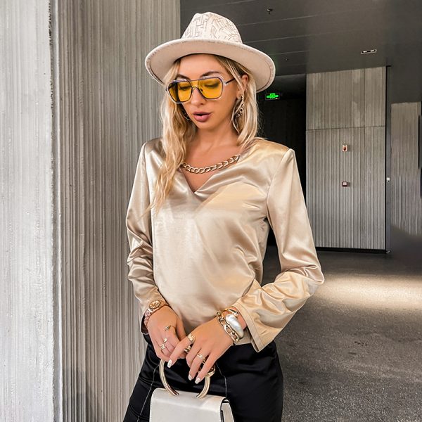 Sexy V-neck Gold Chain Women Satin Blouse High Street Lady Blouse Autumn Long Sleeves Solid Color Tops