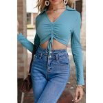 Sexy V-Neck Lace Up Long Sleeves Knitted Crop Top Women Blue Holiday Slim Shirring Short Tops Female Solid Collared T-Shirt