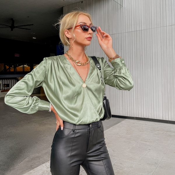 Autumn Sexy Club Women Solid Tops Criss Cross V-neck Pleated Ladies Blouses Full Regular Sleeves Women Black Green Blouses