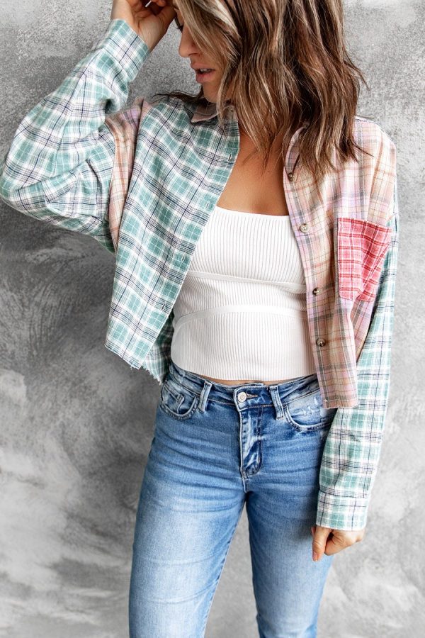 New Spring Casual Fashion Color Block Plaid Stitching Long Sleeves Collared Short Women Shirt Patchwork Macthing