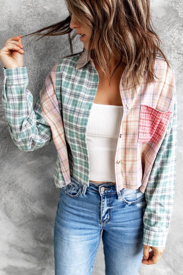 New Spring Casual Fashion Color Block Plaid Stitching Long Sleeves Collared Short Women Shirt Patchwork Macthing