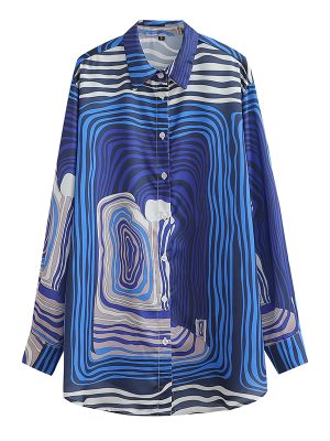 Women Satin Printing Collared Long Sleeve Shirt