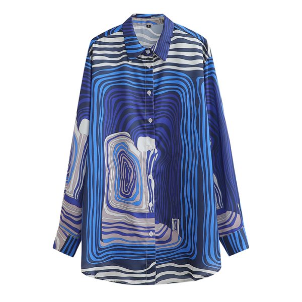 Women Satin Printing Collared Long Sleeve Shirt