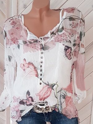 Popular Long Sleeved Printed Shirt V neck Buttons Top Chiffon Shirt Plus Size