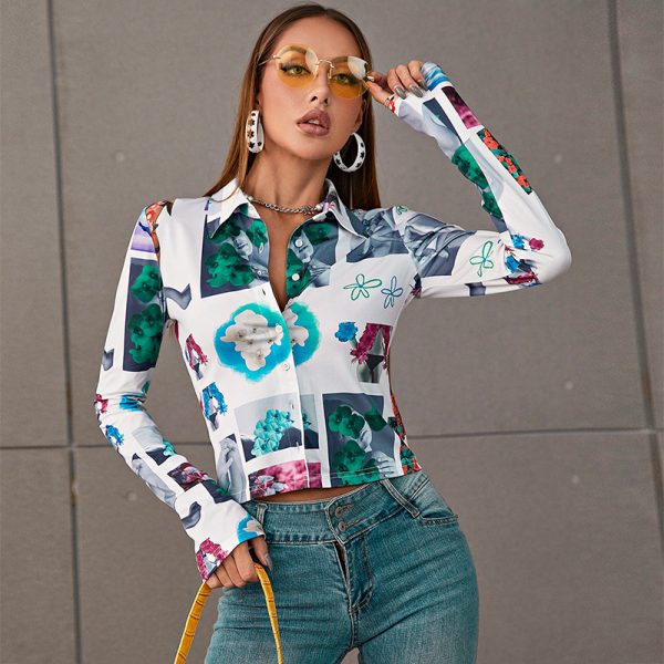 Women Chic Graffiti Printed Bodycon Slim All Match Blouse Shirt Female Elegant Office Ladies Casual Shirts Top