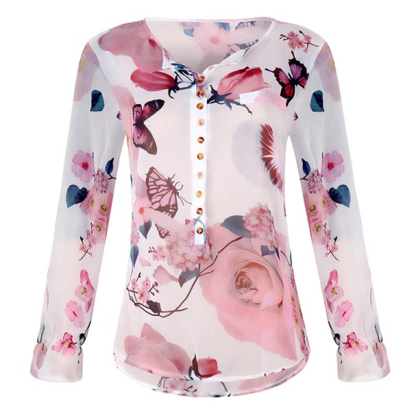 Popular Long Sleeved Printed Shirt V neck Buttons Top Chiffon Shirt Plus Size