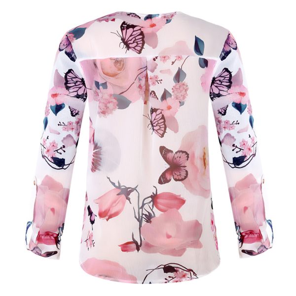 Popular Long Sleeved Printed Shirt V neck Buttons Top Chiffon Shirt Plus Size