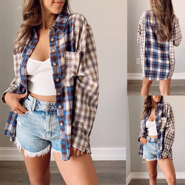 Spring Autumn  Polyester Cotton Plaid Dual-Color Patchwork Women Shirt