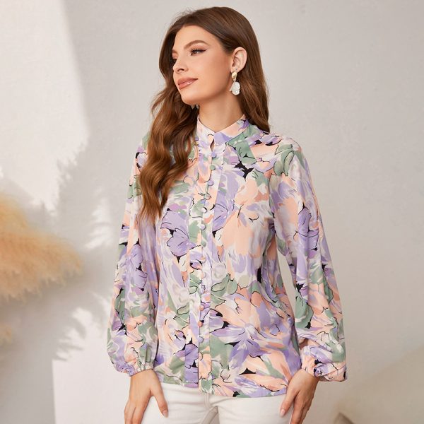 Holiday Buttons Lantern Sleeves Printed Women Shirt Autumn Casual Long Sleeve Beach Blouse Loose Female Elegant Shirts