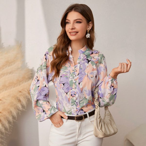 Holiday Buttons Lantern Sleeves Printed Women Shirt Autumn Casual Long Sleeve Beach Blouse Loose Female Elegant Shirts