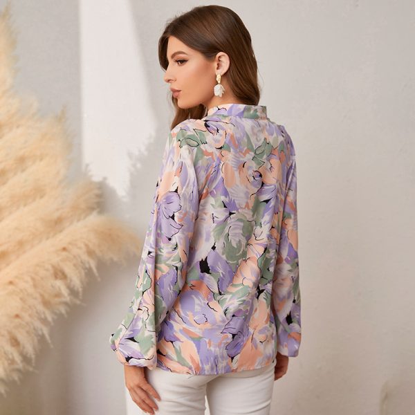 Holiday Buttons Lantern Sleeves Printed Women Shirt Autumn Casual Long Sleeve Beach Blouse Loose Female Elegant Shirts