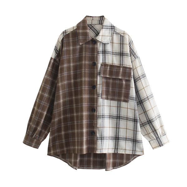 Fall Women Clothing Retro Loose Casual Contrast Color Brushed Plaid Collared Long Sleeve Shirt