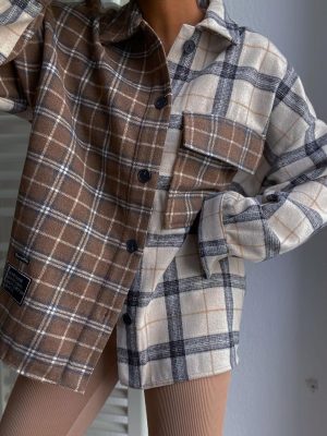 Fall Women Clothing Retro Loose Casual Contrast Color Brushed Plaid Collared Long Sleeve Shirt