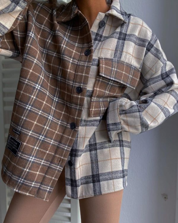 Fall Women Clothing Retro Loose Casual Contrast Color Brushed Plaid Collared Long Sleeve Shirt