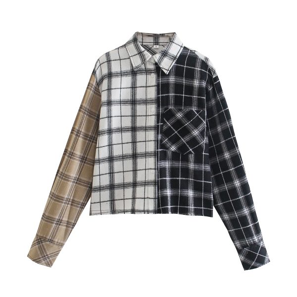 Women Clothing Loose Casual All-Matching Turn-down Collar Long Sleeve Color-Contrast Check Shirt