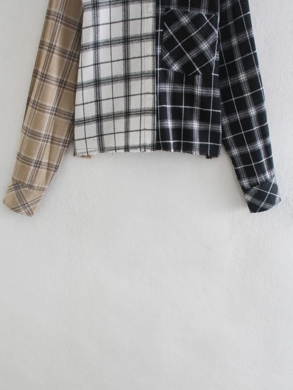 Women Clothing Loose Casual All-Matching Turn-down Collar Long Sleeve Color-Contrast Check Shirt