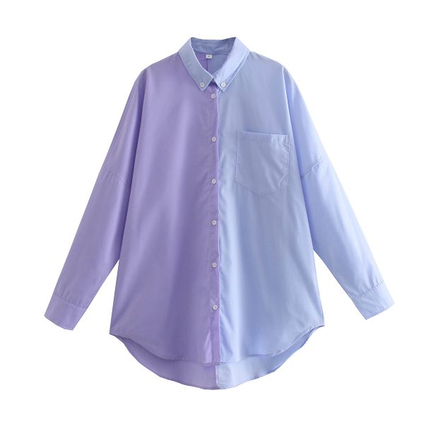 Spring Contrast Color Shirt Single-Breasted Long Shirt