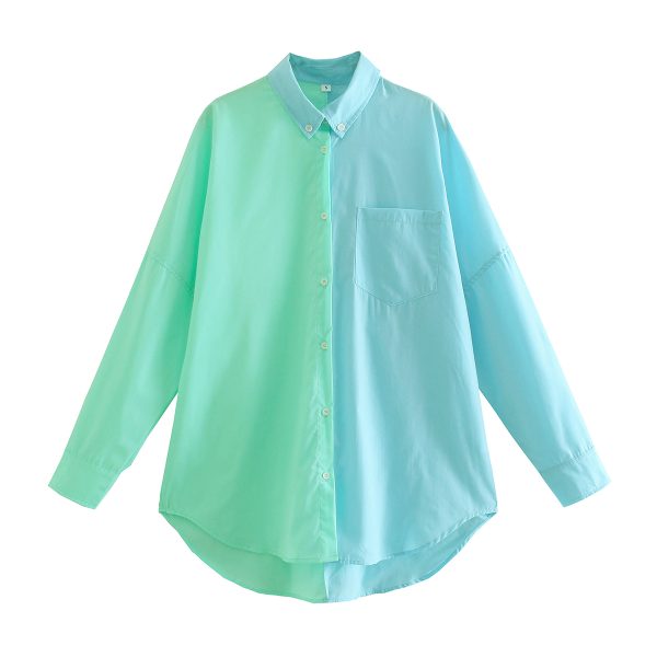 Spring Contrast Color Shirt Single-Breasted Long Shirt