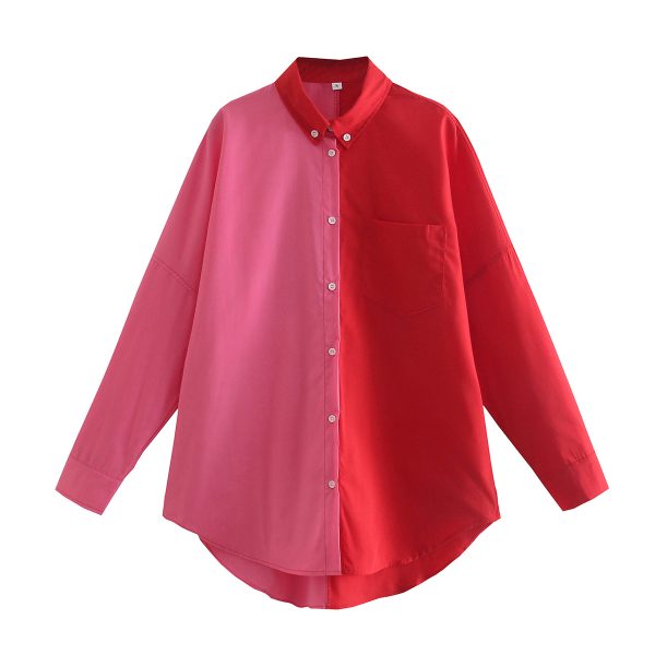 Spring Contrast Color Shirt Single-Breasted Long Shirt