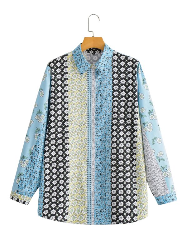 Spring Sunflower Print Long-Sleeve Shirt With Lapels Breaks