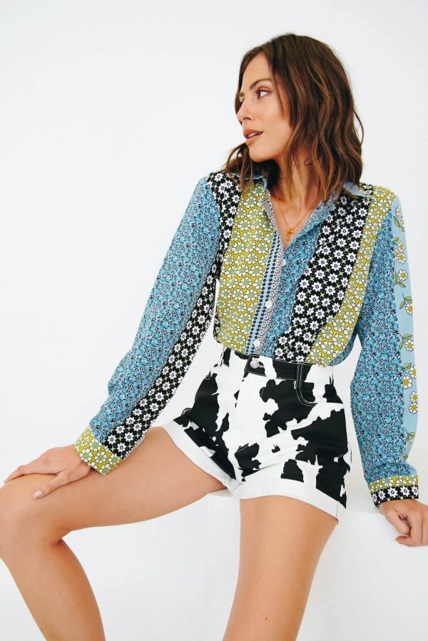 Spring Sunflower Print Long-Sleeve Shirt With Lapels Breaks