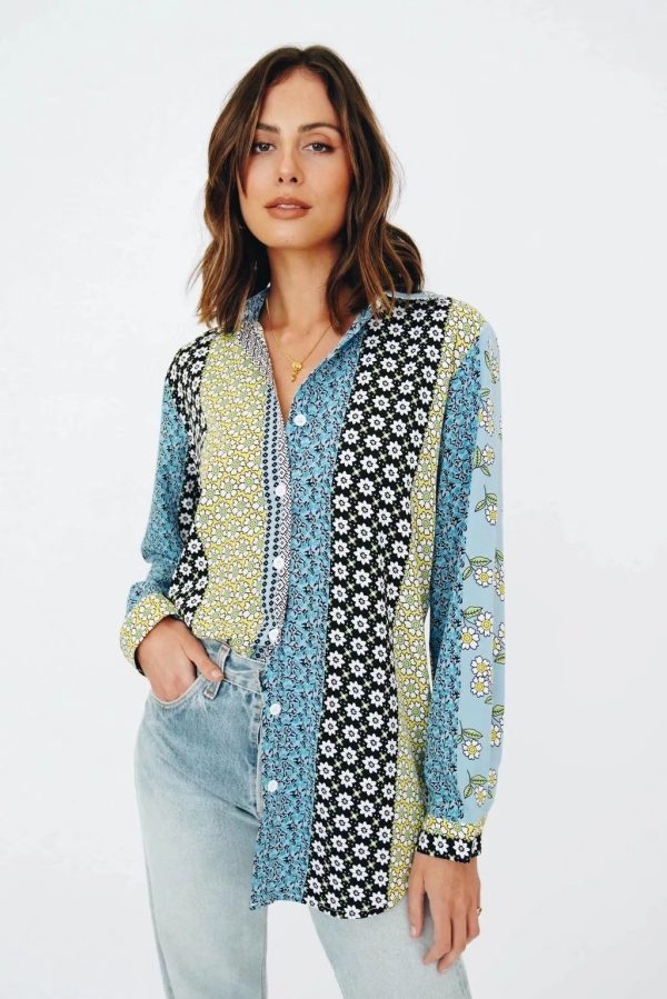 Spring Sunflower Print Long-Sleeve Shirt With Lapels Breaks