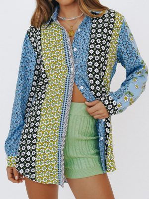 Spring Sunflower Print Long-Sleeve Shirt With Lapels Breaks