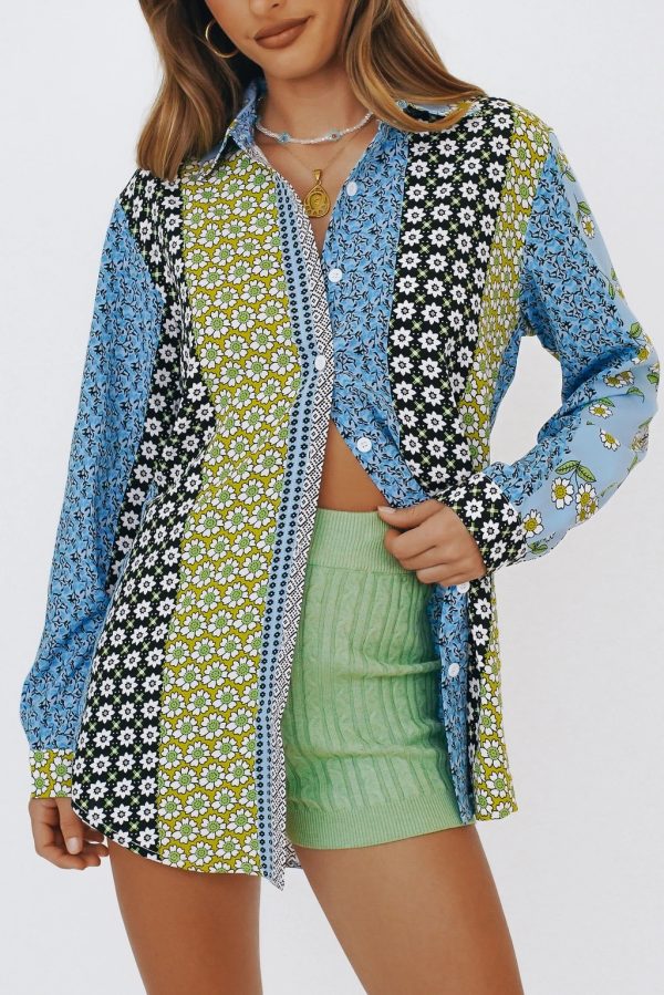 Spring Sunflower Print Long-Sleeve Shirt With Lapels Breaks