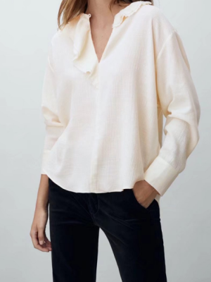 Round Neck Pullover Beige Ruffled Neckline Details Fashion Casual Shirt Women