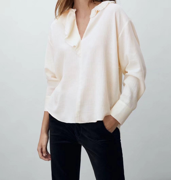 Round Neck Pullover Beige Ruffled Neckline Details Fashion Casual Shirt Women