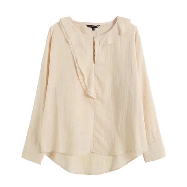 Round Neck Pullover Beige Ruffled Neckline Details Fashion Casual Shirt Women