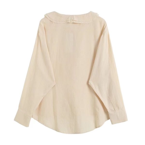 Round Neck Pullover Beige Ruffled Neckline Details Fashion Casual Shirt Women